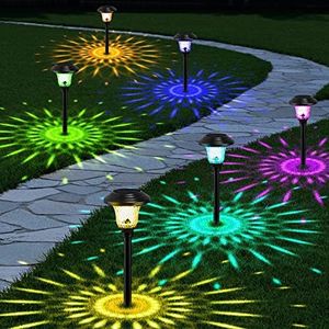 BEAU JARDIN 8 Pack Colored Decorative Solar Pathway Lights with 7 Color Changing Garden Stake Glass Metal Stainless Steel Waterproof Solar Powered Landscape Lights Lighting Black BG293