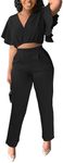 Fooullaide Women's Two Piece Outfit Jogger Sweatsuit Crop Top Butterfly Sleeve Matching Set Sexy Brunch Vacation 2pc Sets