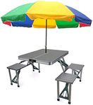 FLYZZY Aluminium Portable Folding Picnic Camp Suitcase Table for Hiking, Patio and Garden Heavy Duty Aluminium Portable Folding Picnic Table & Chairs Set with Umbrella (Multicolor).