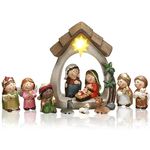 Sintuff 12 Pcs Mini Christmas Nativity Set with LED Light Includes Resin Manger and 11 Figurines Nativity Scene Decor Religious Table Decorations for Christian Desk Shelf Home Decor