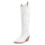 MERUMOTE Women's Western Cowboy Boots Embroidered Shoes Pull On Cowgirl Boots Knee High White 8.5US