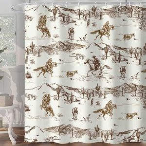 Western Cowboy Shower Curtain, Wild West Cowboy Ride Horse Cactus Bath Curtains, Farmhouse Country American West Theme Fabric Bathroom Accessories Decor with 12 Hooks 72 x 72
