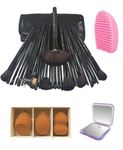 Puna Store Combo Set of 30 Piece Premium Synthetic Makeup Brush Set (Black) with 3pc Makeup Blender Set, Makeup Brush Cleaning Egg, Pocket Makeup Mirror,Cruelty-Free Vegan Brushes