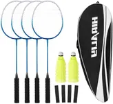 HIRALIY Badminton Rackets Set of 4 for Outdoor Backyard Games, Including 4 Rackets, 12 Nylon Shuttlecocks, 4 Replacement Grip Tapes (Blue)