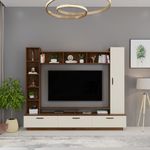 BLUEWUD Fenily Engineering Wood Floor Standing TV Entertainment Unit Set Top Box Stand/TV Cabinet with Shelves for Books & Décor Display Unit Bed Living Room Upto 60 Inches (Brown Maple & Beige)