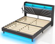 Rolanstar Queen Size Bed Frame, Storage Headboard with Charging Station and LED Lights, Upholstered Bed with Heavy Duty Wood Slats, No Box Spring Needed, Noise Free, Easy Assembly, Black