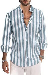 Jhsnjnr Men's Casual Long Sleeve Button Up Beach Shirts Summer Striped Cotton Linen Shirt Indigo Blue