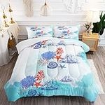 Blue Ocean Comforter Set for Kids and Adults, Twin Size Coral Seashell Sailboat Bedding Quilt Bedspreads with 2 Starfish Conch Patterned Pillowcases - 68" x 86" (Twin, Blue)