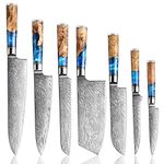 SENKEN 7-Piece Damascus Kitchen Knife Set - Tsunami Collection - 67-Layer Japanese VG10 Steel - Chef's Knife, Cleaver, Santoku, Bread, Boning, & More