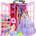 Ecore Fun 120 Pcs Fashion Doll Closet Wardrobe for Doll Clothes and Accessories Storage Include Clothes, Dresses, Shoes, Shoes Rack, Bags, Necklace, Hangers for 11.5 Inch Girl Doll Clothes