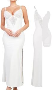 Popilush Maxi Dresses for Women Deep V Neck Shapewear Lace Satin high Slit Bodycon Cocktail Dress Party Going Out White