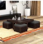 CRAFT D ARTS Solid SHEESHAM Wood Coffee Table with Stools in CNC Design for Living Room Solid Wood Coffee Table (Finish Color - Light Walnut, Pre-Assembled)