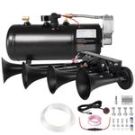 Super loud train horn kit,180db four trumpet truck horn with 150 PSI Air Tank,12V Air horn with 0.8 gallon Air Compressor Can for Truck, Jeep,Pickup,SUV (Black truck parallel horn kit)