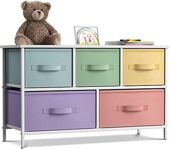 Sorbus Dresser with 5 Drawers Furniture Storage Tower Chest for Kid's, Teens, Bedroom, Nursery,Steel Frame, Wood Top, Easy Pull Fabric Bins, Pastel/White