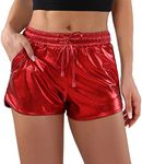 POSHDIVAH Red Metallic Shorts for Women Hot Sparkly Shiny Shorts with Elastic Drawstring XXL