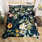 Manfei Botanical Duvet Cover Set King Size, Green Leaves Flowers Bedding Set 3pcs for Kids Boys Girls Bedroom Decor, Watercolor Florals Comforter Cover Soft Polyester Quilt Cover with 2 Pillowcases