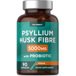 Psyllium Husks Capsules with Probiotic 5000mg | Fibre Supplement with Acidophilus Probiotic 2 Million CFU | Natural Soluble Fiber Supplement From Plantago Ovata Seeds | 90 Vegan Capsules | by Horbaach