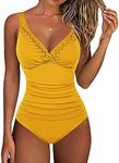 Hilor Women's One Piece Swimsuits Pin Tucked Surplice Swimwear Tummy Control Bathing Suits Monokinis Golden Glow 8