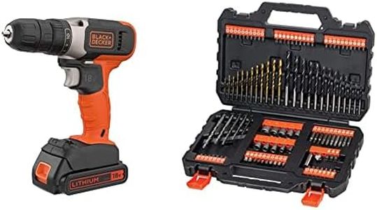 BLACK+DECKER 18 V Cordless Drill Driver with 10 Torque Settings, 1.5 Ah Lithium-Ion Battery, BCD001C1-GB & BLACK + DECKER Mixed Drilling and Screwdriving Set A7200-XJ