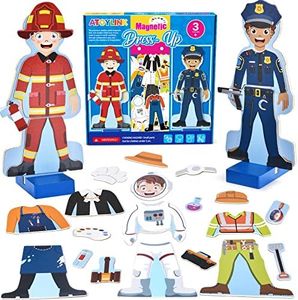 Atoylink Wooden Magnetic Dress up Dolls Pretend Play Set 40+ Pcs Occupations Community Helpers Matching Games Fridge Magnets for Toddlers Preschool Learning Toys Boys Birthday Gifts