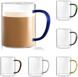Glass Coffee Mugs Set of 6, 400ml Clear Espresso Cups with Colored Handle, Borosilicate Glass Coffee Cups, Large Capacity Wide Mouth for Hot or Cold Latte, Dishwasher and Microwave Safe Latte Mugs