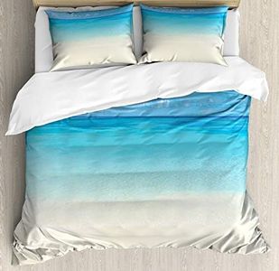 Ambesonne Ocean Duvet Cover Set, Paradise Coast in Tropical Caribbean Sea Sky View Beach House Theme, Decorative 3 Piece Bedding Set with 2 Pillow Shams, California King, Cream Navy