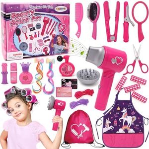 Hair Salon Toys for Girls Beauty Salon Set with Pretend Play Hair Salon Stylist Toy Kit with Barber Apron, Hair Dryer, Mirror, Scissors and Styling Accessories