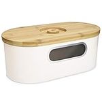 Navaris Bread Bin with Bamboo Lid - Cream Colour Metal Storage Container with Window and Wooden Chopping Board Lid - Vintage Style Kitchen Box Tin