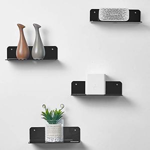 OAPRIRE Small Acrylic Floating Wall Shelf Set of 4, Flexible Use of Wall Space, 9 Inch Adhesive Display Shelf for Security Cameras/Smart Speaker/Action Figures with Cable Clips (4, Black)