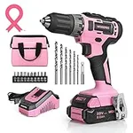 WORKPRO 20V Pink Cordless Drill Driver Set, 3/8” Keyless Chuck, 2.0 Ah Li-ion Battery, 1 Hour Fast Charger and 11-inch Storage Bag Included - Pink Ribbon