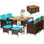 RELAX4LIFE 9-Piece Outdoor Dining Set - Patio Wicker Furniture Set w/Acacia Wood Tabletop, Soft Seat & Back Cushions, Dining Table & Chair Set for Backyard, Poolside (Turquoise)