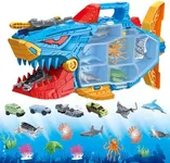 Frontoytall Shark Ocean Animal Toys Set with 18 Piece Sea Creatures & Transport Vehicles, Double-Side Storage + Portable Handle, Educational Bath Toys for Kids Ages 3-12 Years Old