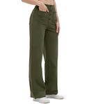 SotRong Wide Leg Stretchy Trousers for Women UK High Waisted Button Multiple Pockets Pull On Straight Leg Casual Pants Ladies Elasticated Trousers Style Yoga Pants Olive Drab M