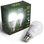 ECO 2 pin B22 Bayonet Light Bulbs, Energy Saving 11W LED, 1055 Lumens, 75W Equivalent, Frosted, Cool White Daylight (6500K), Low Heat, 15,000Hrs Lifetime. (Cool White (6500K), 2 x Pack)