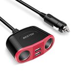 BESTEK Car Charger 12/24V 150W, 2 Cigarette Lighter Sockets & 2 USB Ports Car Charger for iPhone XS Max/iPhone X/8, iPad, Tablet, Smartphone (Red)