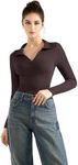 SUUKSESS Women Long Sleeve Ribbed V Neck Polo Shirts Collared Seamless Business Casual Slim Fitted Tops for Office Work (Brown,L)