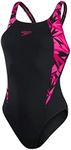 Speedo Women's HyperBoom Splice Muscleback Swimsuit | Classic Design| Quick Drying | Training | Fitness | Chlorine Resistant , Black/Electric Pink/Ecstatic Pink, 34