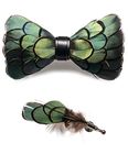 JEMYGINS Green Feather Bow Tie Leather Bow tie and Brooch Sets for Men(10)