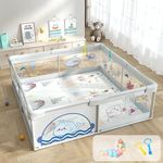 Dawnwake 150x180 cm Playard with Ocean Balls and Anti-Fall Grasp Rings, Large Playpen for Baby up to 5 Years with Safety Lock (NO Mat/Cushion, Non-Foldable) - Grey