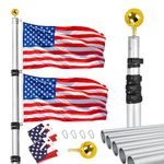 Hooomyai 20FT Telescopic Flag Pole Kit, Heavy Duty Aluminum Telescoping Flagpole Kit Fly 2 Flags, Outdoor In Ground Flagpole with 2 USA Flag & Gold Ball Top for Residential or Commercial, Silver