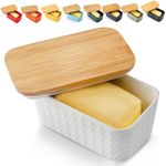 Hasense Large Butter Dish with Lid for Countertop - Farmhouse Ceramic Butter Container Holder with Cover for Fridge,Silicone Sealing,White Embossed Pattern,Holds Two Sticks of Butter