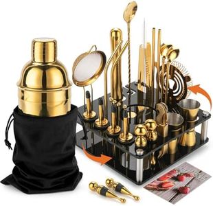 KINGROW Mixology Cocktail Shaker Set - Complete 29-Piece Bartender Kit and Bar Tools with Acrylic Rotating Stand, Professional Bar Set for Drink Mixing, Home, Bar, Party (Gold)