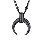 Black Plated Ox Horn Pendant Necklace, Interval Bead Chain(18"+2"), Multi-layer Accessories, Stainless Steel Trendy Girls/Boys Jewelry Crescent Moon/Bull Horn Necklace (Gift Packaging), RP20001H