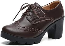 DADAWEN Women's Classic T-Strap Platform Mid-Heel Square Toe Oxfords Dress Shoes Brown US Size 10