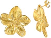 Gold Flower Stud Earrings for Women, Stainless Steel 18K Gold Plated Big Large Floral Petals Hypoallergenic Stud Earrings for Ear Lobe Trendy Jewelry, Stainless Steel, No Gemstone