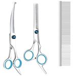 EVERESTA Dog Grooming Scissors with Safety Round Tips, Heavy Duty Titanium Pet Grooming Trimmer Kit, Professional Thinning Shears, Straight Scissors with Comb for Dogs and Cats (Set of 3)