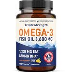 Triple Strength Omega 3 Fish Oil 3600 mg | EPA & DHA | Over 2100mg Omega-3 Fatty Acids | 1300mg EPA + 860mg DHA | Best Essential Fatty Acids | Premium Wild Caught & Burpless Fish Oil | 180 Ct