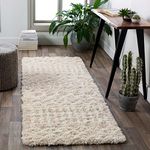 Surya Dubai - Modern Runner Rugs Living Room, Hallway, Soft Shaggy Rugs for Bedroom - Abstract Berber Fluffy Rug, Easy Care Plush Thick Pile 80x220cm Beige Rug