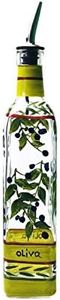 Containly Hand Painted Glass Oliva Branch Oil/Vinegar Glass Cruet for Kitchen, 8 oz Olive Oil Dispenser With Stainless Steel Spout for Easy Pouring