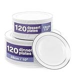 MATANA 240 Premium White Plastic Plates with Silver Rim - 120 26cm Dinner Plates, 120 19cm Dessert Plates - Elegant & Reusable Party Plates for Weddings, Birthdays, BBQ, Christmas, Parties